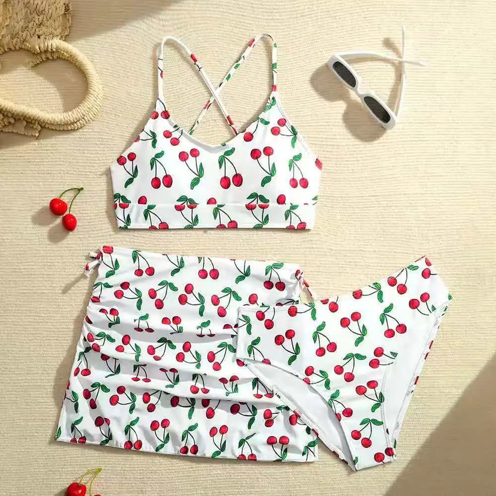 Swimwear for girls 3 pieces with cherry print, high waist bikini and beach skirt, for girls and teenagers 8-14 years