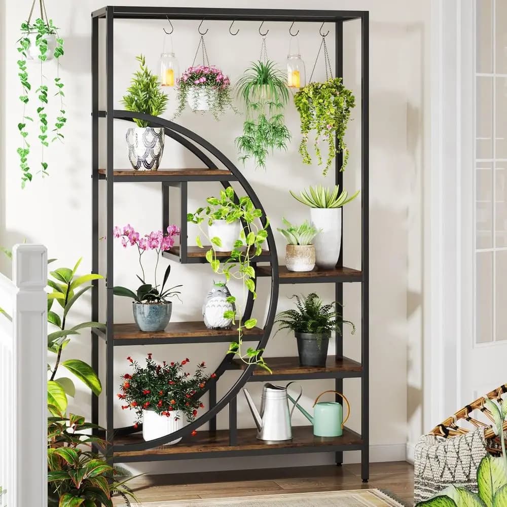 Supporto per Piante a 7 Livelli a Forma di Luna, 180 cm di Altezza, con 6 Ganci, Adatto per Vasi Grandi, Ideale per Casa, Giardino, Balcone