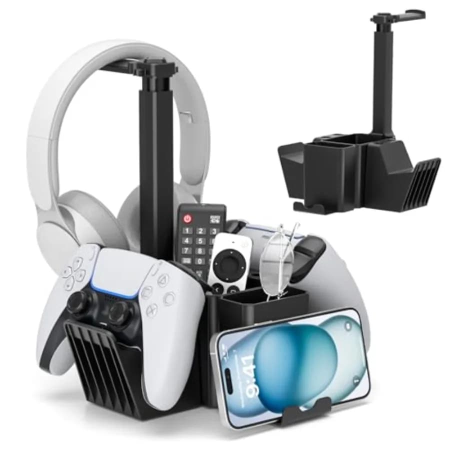 Dual Controller Holder with Headphone Stand - Multi-Functional Desk Storage Box with Phone Holder - Universal Controller Stand