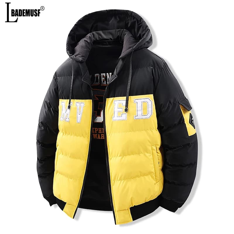 Winter parka with warm thickened hood men's fashion color block double face wear keep top new hat removable jacket casual men's jacket
