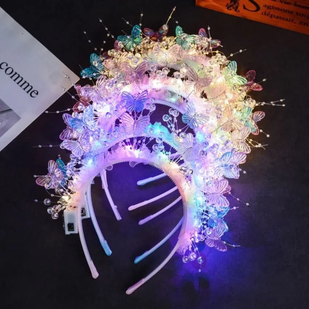 Fascia per Capelli LED Luminosa con Decorazione a Farfalla e Fiori, Stile Fatato