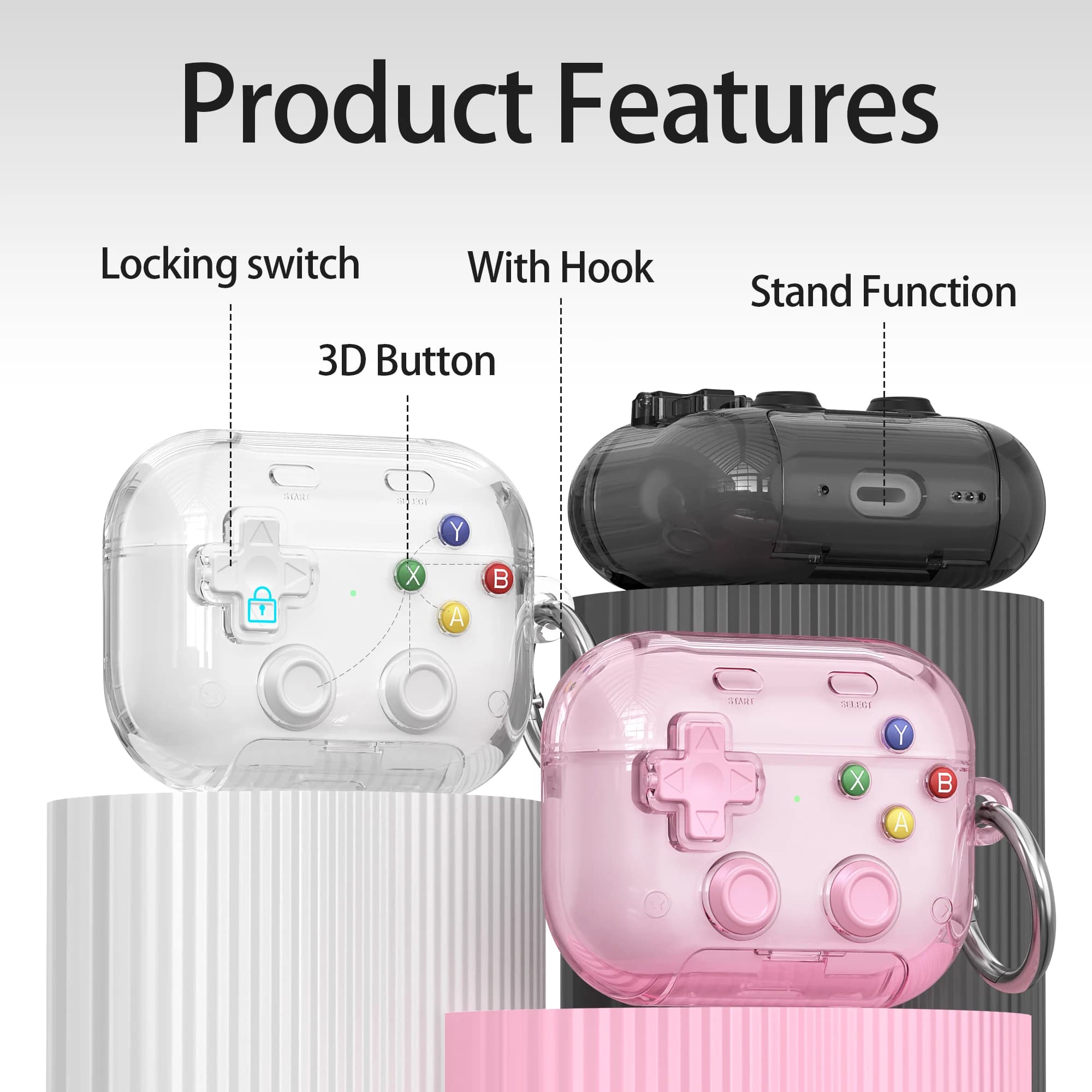 Custodia rigida a forma di console di gioco per AirPods Pro 3 2 1 e AirPods 4 con clip di blocco sicuro, cover protettiva, accessori per cuffie
