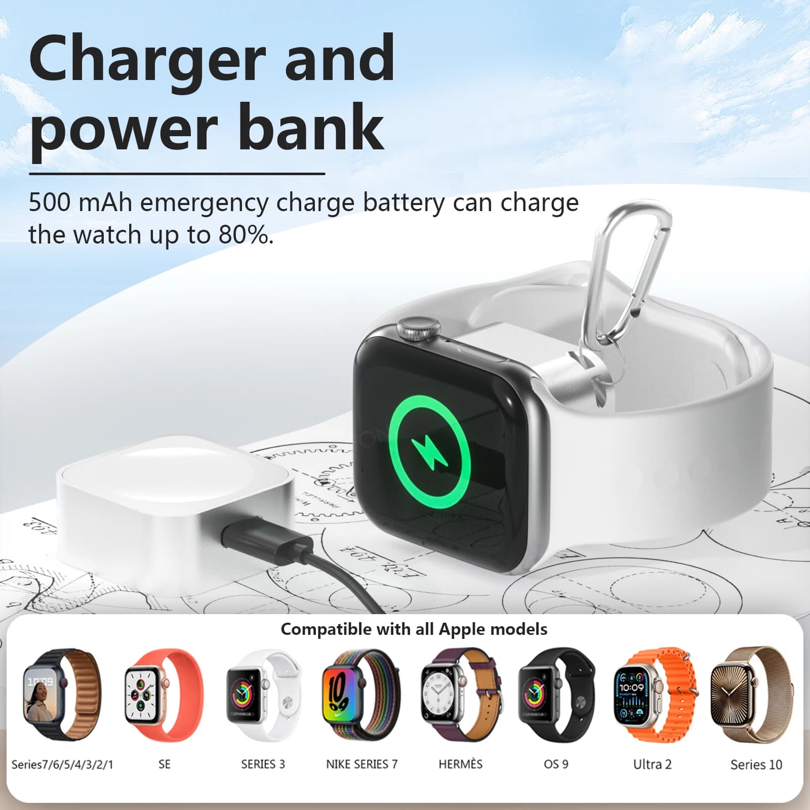 Portable 500mAh Power Bank Magnetic Clock Wireless Charger for Apple Watch Series 10 9 8 7 6 5 4 3 Ultra 2 SE Fast Charging Dock