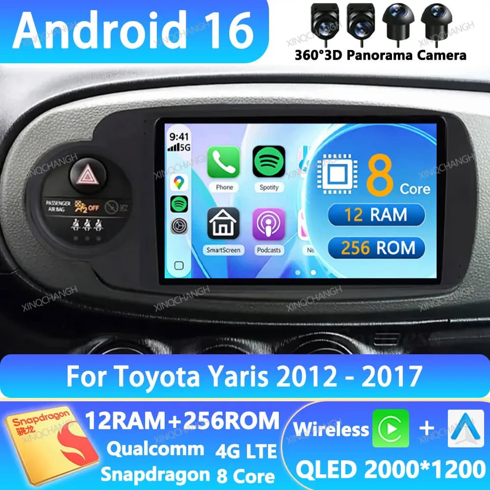 Android 16 Car Radio For Toyota Yaris 2012 - 2017 Head Unit 2DIN 4G WIFI Multimedia Video Player Navigation QLED BT GPS Qualcomm