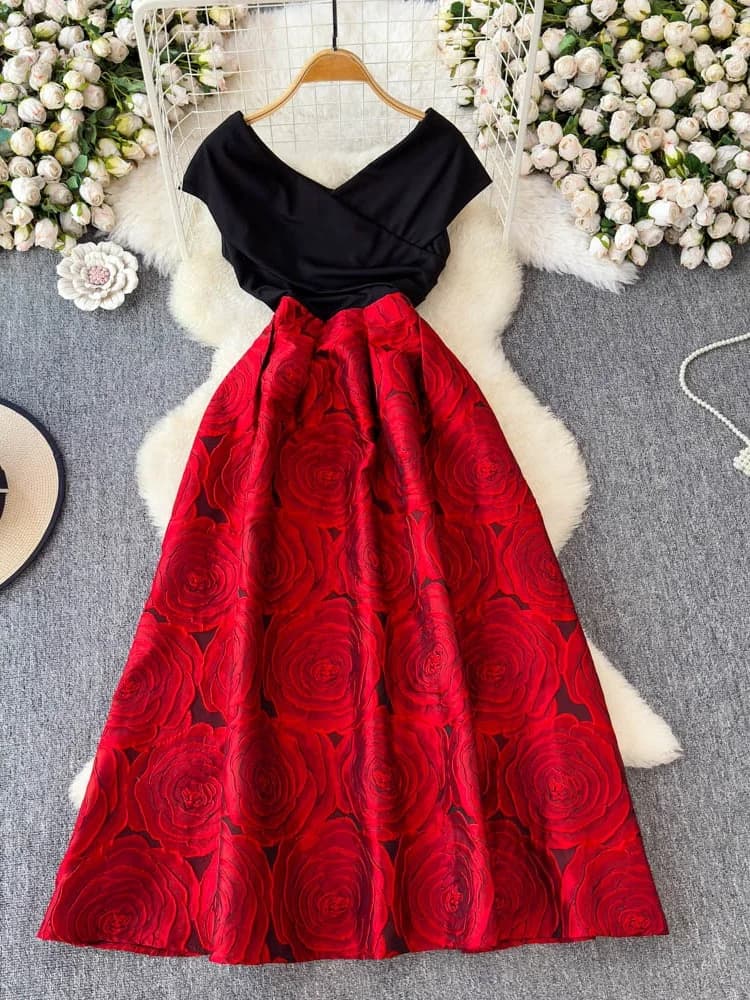 Elegante Abito a Vita Alta a Trapezio da Donna, Nuovo Modello 2025, con Fiocchi sulle Spalle e Gonna Svasata, Vestito Lungo per il Pendolarismo Urbano