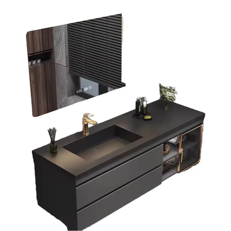 Vanity da bagno moderno da parete da 42 pollici con lavabo superiore in resina Accessorio per specchio per lavandino con chiusura ammortizzata Armadietto da bagno galleggiante