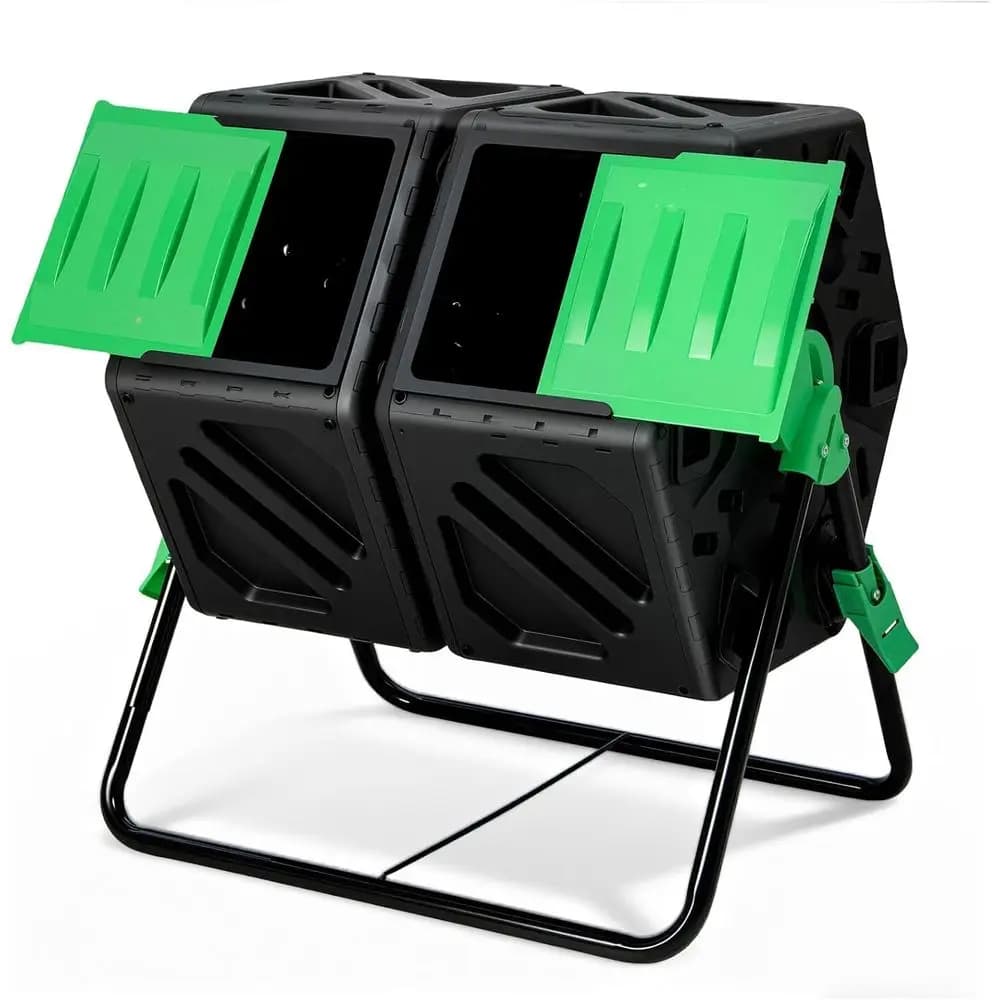 Dual Chamber Outdoor Rotating Composter with Aeration & 2 Sliding Doors, 34.5 Gallon Bin for Yard Waste