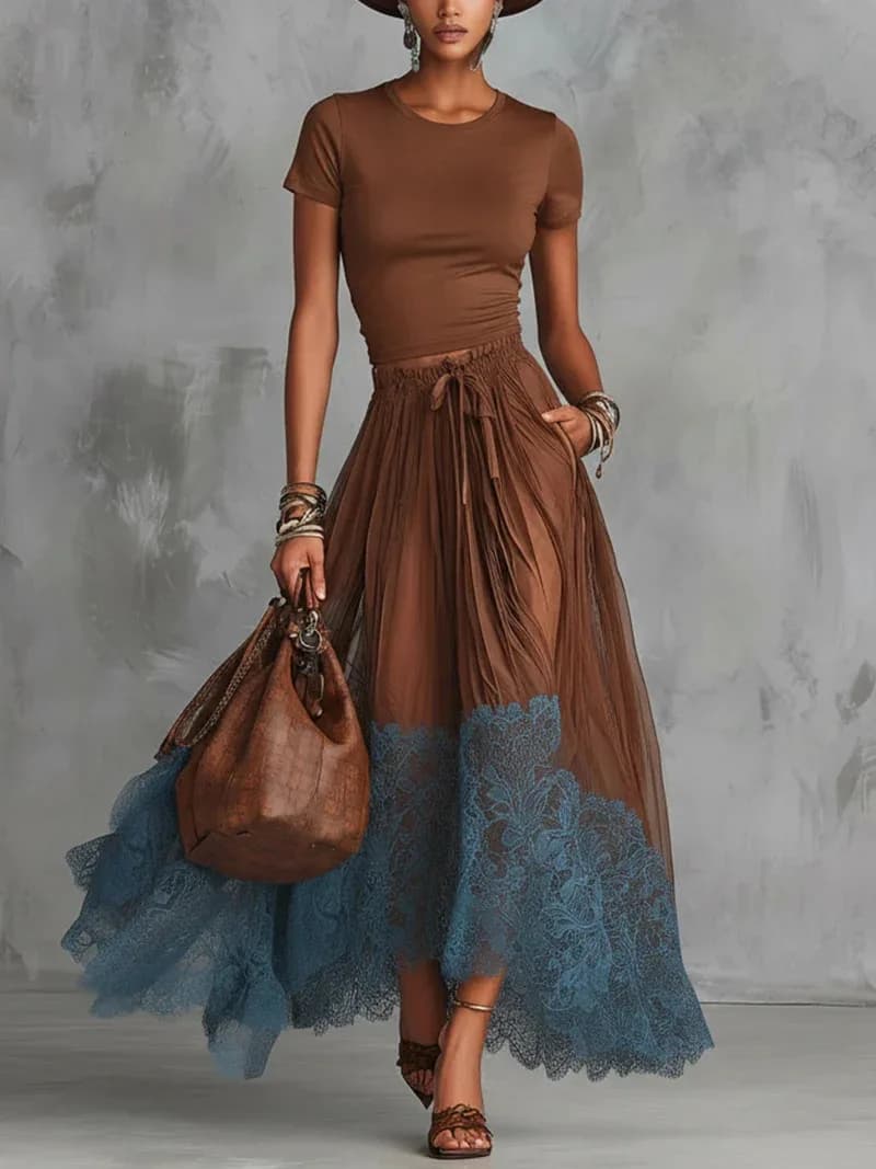 Elegante Completo Due Pezzi da Donna: Top a Maniche Corte Aderente con Inserti in Pizzo e Gonna a Vita Alta con Coulisse Elastica