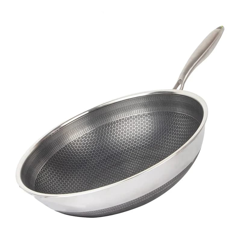 Padella Wok in Acciaio Inox 316 Antiaderente a Nido d'Ape, Grande e Profonda, con Manico, Compatibile con Induzione JT560