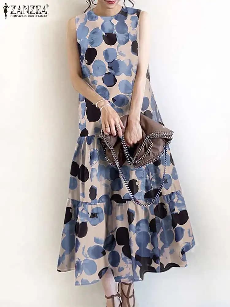 2024 ZANZEA Bohemian Senza Maniche Abiti Estivi Donna Stampato Floreale Vestito Estivo Moda Casual Increspature Orlo Lungo Vestido Robe Femme