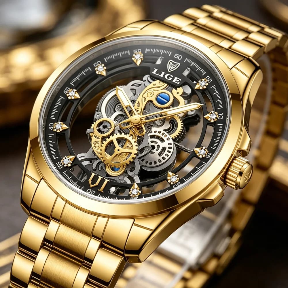 LIGE New Men Watch Skeleton Quartz Wristwatch Gold Skeleton Retro Man Watch Top Brand Luxury Clock Mens Watches Reloj Hombre