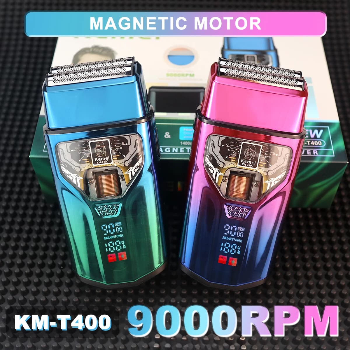 KEMEI KM-T400 Dual Foil 9000RPM 5W Motore a levitazione magnetica Display LCD 1400mAh Barba Trimmer per uomo Rasoio elettrico