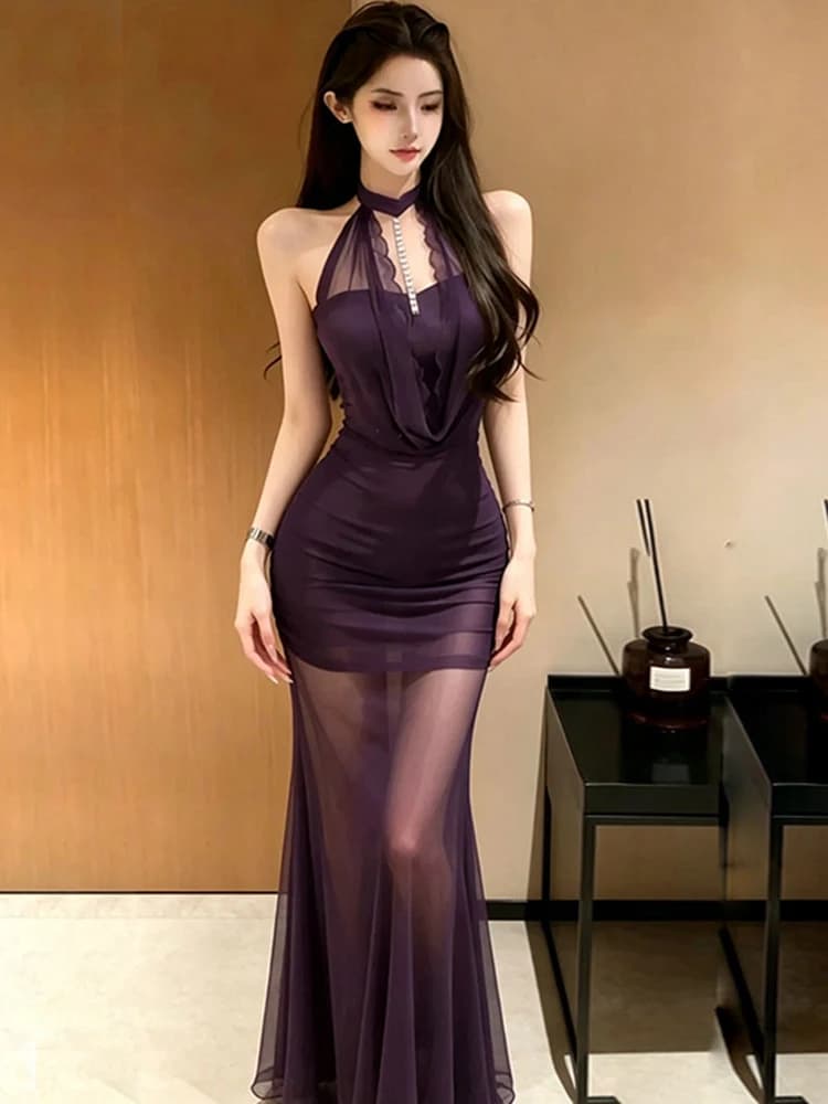 Sexy High Waist Slim Fit Vest Dress Evening Gown Hanging Neck Sleeveless Pleated Thinming Backless A-Line Skirt Women's Dress