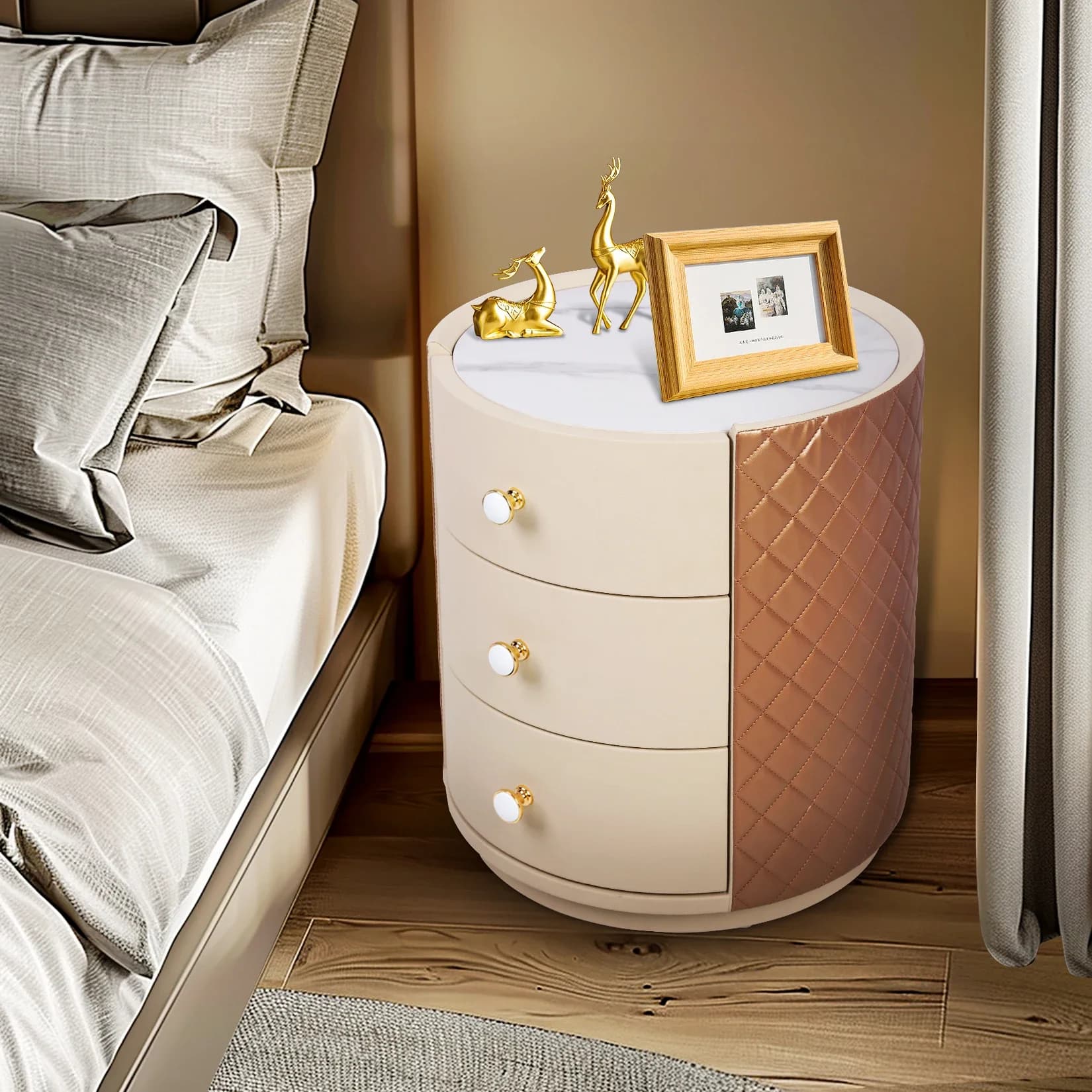 L L # Comodino rotondo, comodino, 3 cassetti, senza armadio di stoccaggio per camera da letto, soggiorno, superficie in pelle PVC con piano in pietra