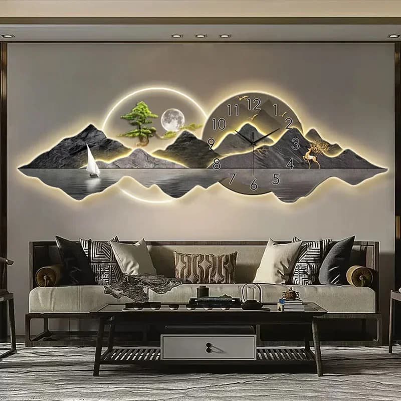 Pittura cinese moderna con orologio Luce a LED Acqua corrente Ricchezza Paesaggio Divano Sfondo Muro Nuovo arredamento di lusso in stile asiatico