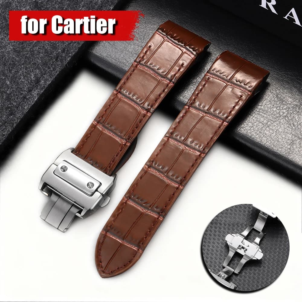 Cartier Santos watch bracelet 20mm 23mm in Vera Vitello leather with Foldable Buckle and Slub Reason for Men and Women