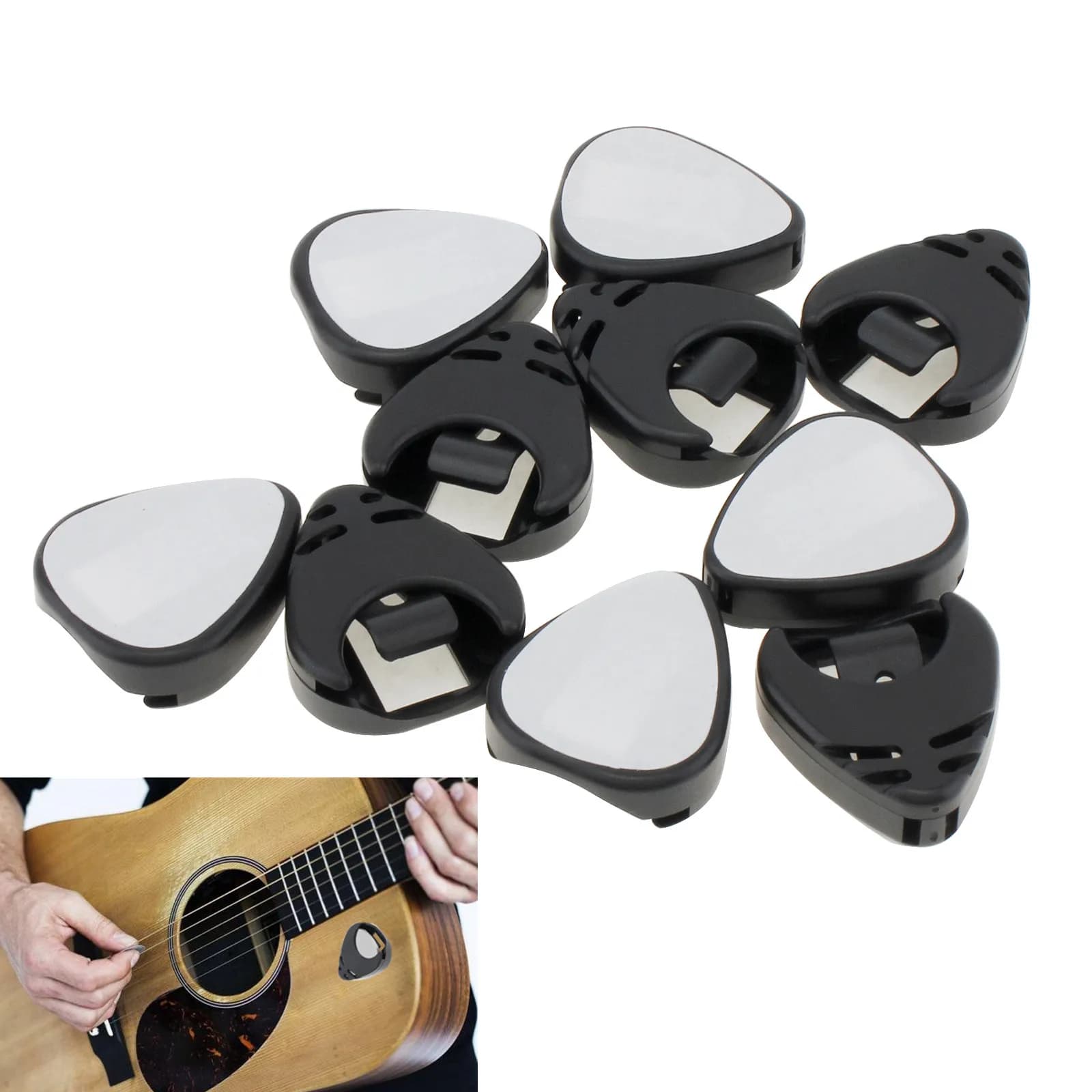 10 pezzi di plastica nera sul supporto per plettro per chitarra acustica basso ukulele plettri adesivi posizionamento custodia per plettro