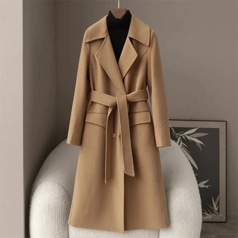 2025 Autunno 100% Cappotti di lana con cintura Moda Punto aperto Elegante cappotto di lana e cashmere Veste Femme Top