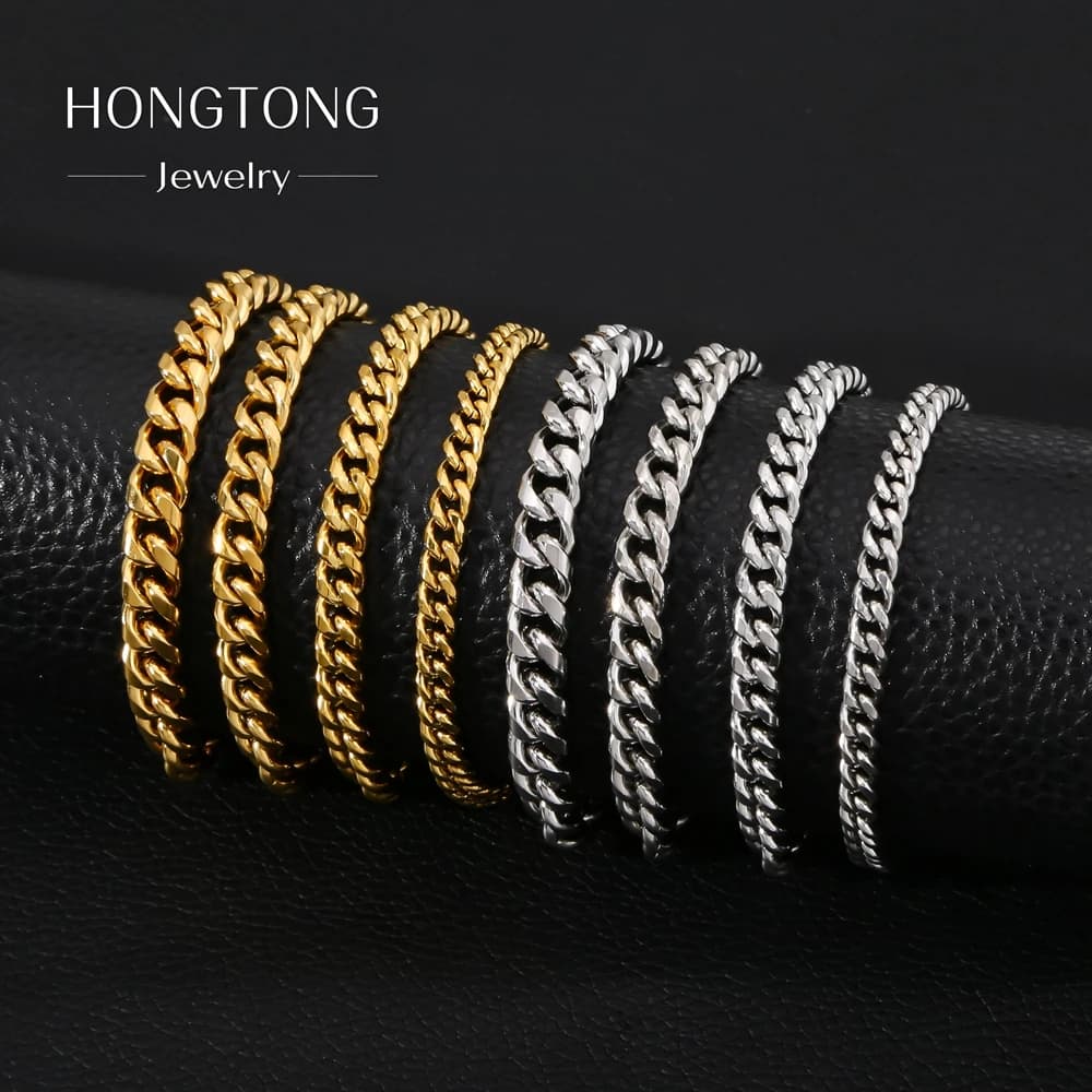 HONGTONG Bracciale a catena basic per uomo Bracciale a catena a maglie color oro cubano in acciaio inossidabile Gioielli maschili pesanti punk classici