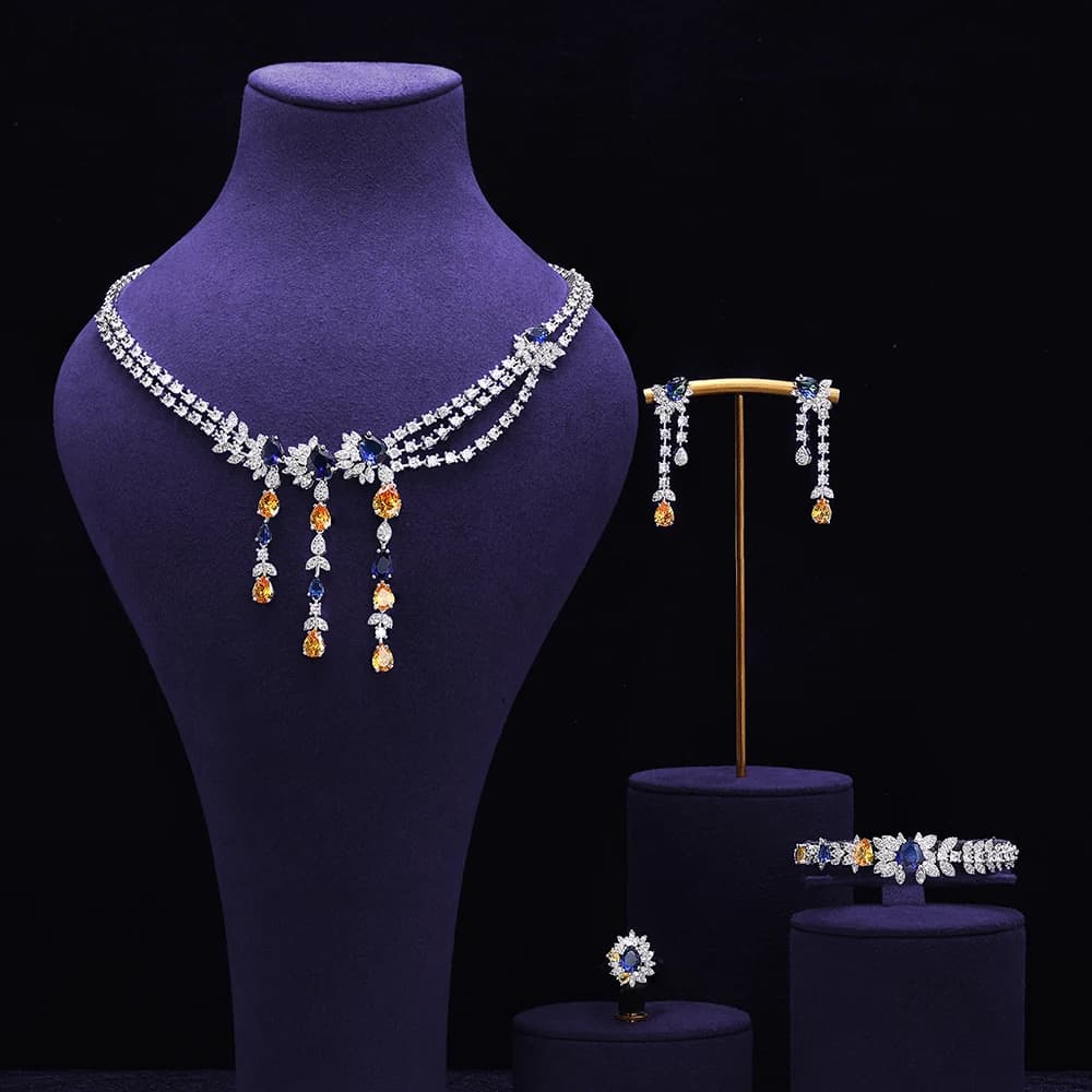 Set di Gioielli da Donna per Feste, Stile Dubai Nigeria UAE, Set Nuziale da Sposa in 4 Pezzi con Zirconia Cubica