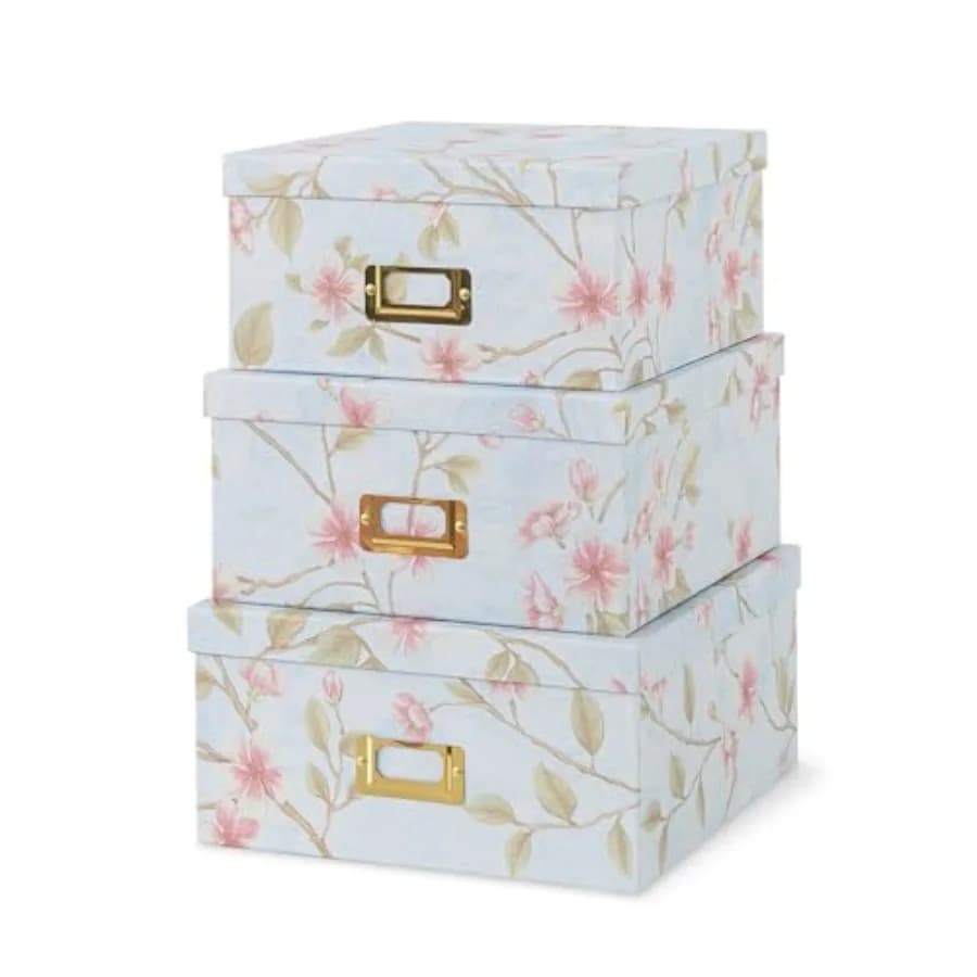 Scatole Decorative in Cartone per Organizzazione - Set di 3 Scatole Quadrate Impilabili con Coperchi e Portaetichette Dorati, Contenitori per Foto