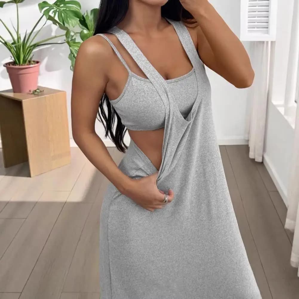 Completo due pezzi da donna: Top a canotta e vestito lungo estivo a tinta unita con spalline larghe, casual, lunghezza alla caviglia, senza maniche, modello midi W