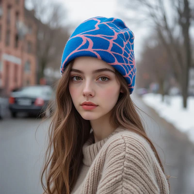 Y2K Cappello lavorato a maglia in lana acrilica con motivo ragno gotico Berretto da donna Berretti invernali caldi da uomo Skullies casual da esterno Nero