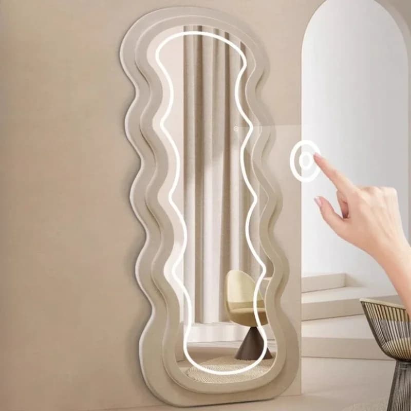 Specchio da terra grande moderno in flanella per decorazione d'interni, con luce integrata, ideale per il trucco e l'arredo del bagno