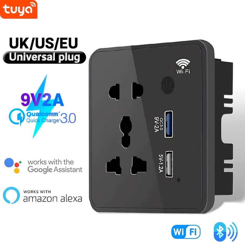 WIFI USB QC3.0 Quick charging smart wall socket 2200W US EU UK plug universal 9V2A touch tempered panel with Alexa Google Home