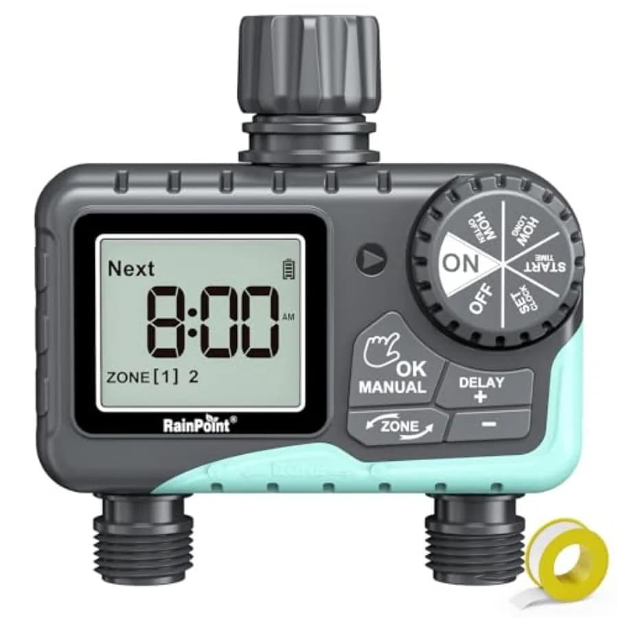 Timer Irrigazione a 2 Uscite Programmabile per Giardino, Irrigazione a Goccia per Esterni con Ritardo Pioggia/Manuale/A