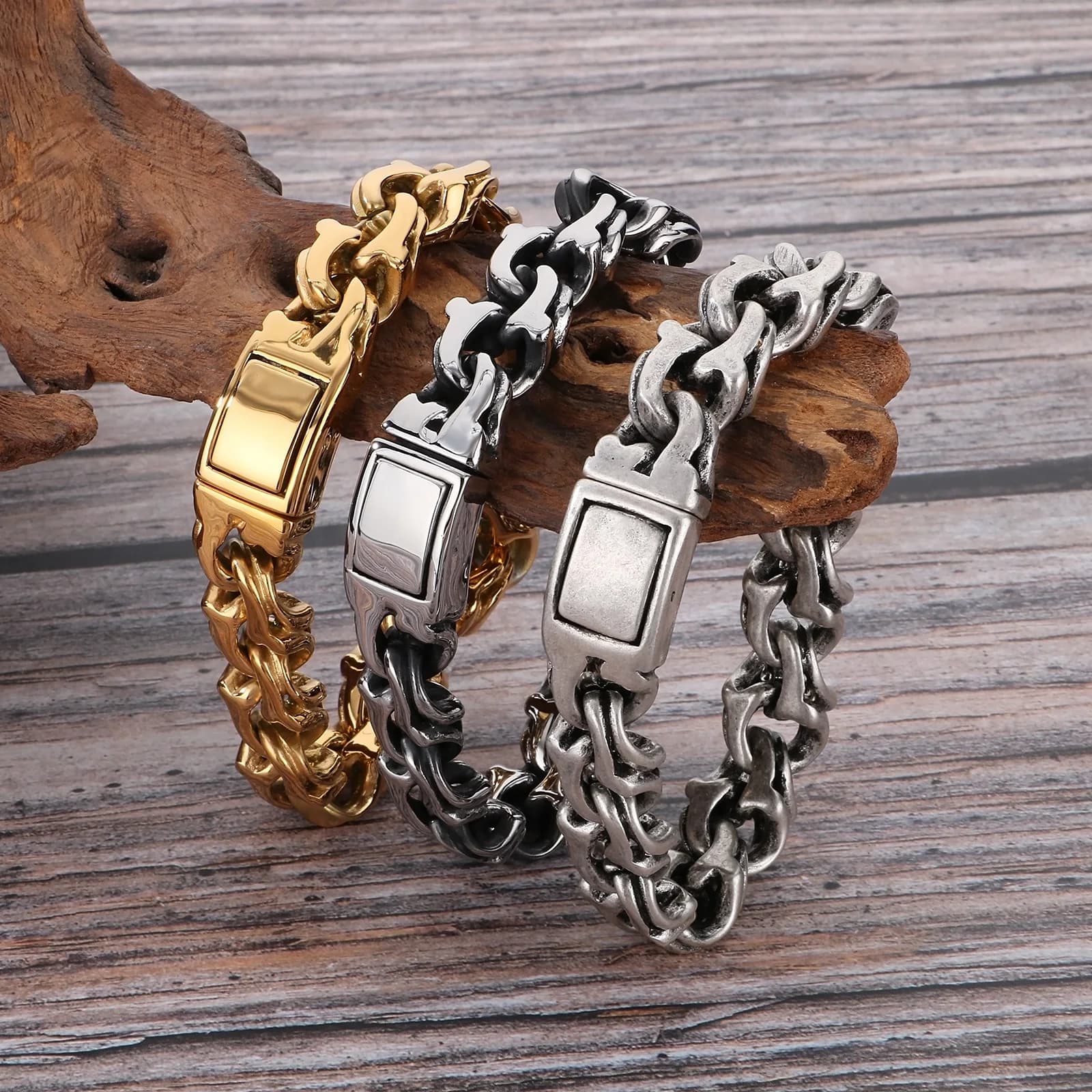 Bracciale a catena robusta per uomo Gioielli a mano Acciaio inossidabile color argento antico lucido I migliori regali per gli amici