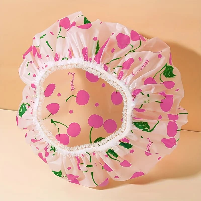 Simpatico cuffia da doccia con stampa ciliegia/cuore, cappello da bagno regolabile con fascia elastica, forniture per il bagno