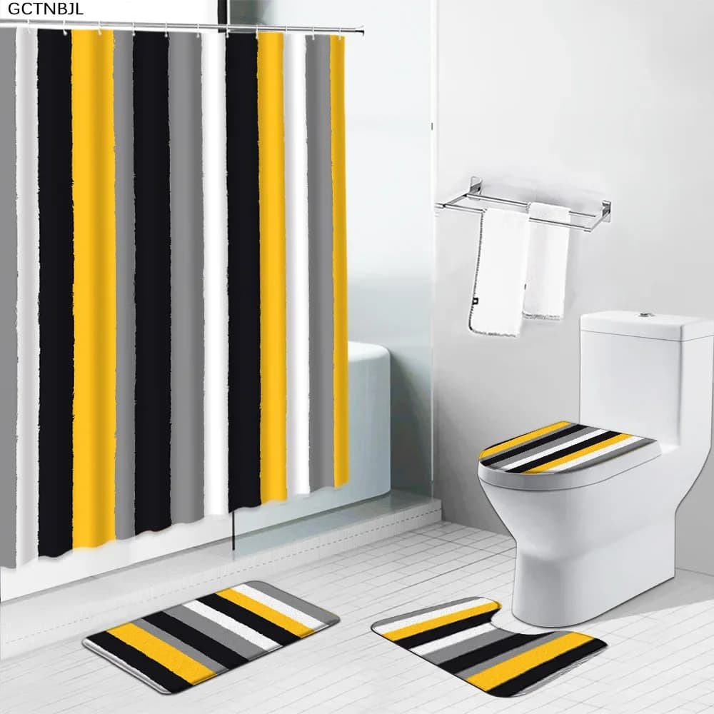 Tenda da doccia geometrica set da 4 pezzi grigio nero giallo tessuto a righe tenda da bagno tappetino da bagno tappetino antiscivolo copriwater