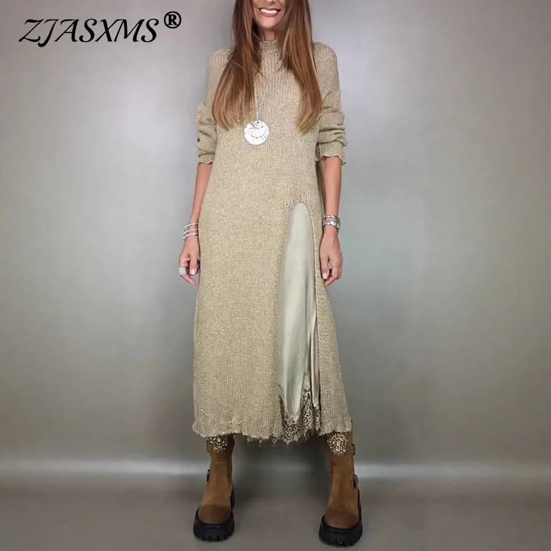 Sexy V Neck Splicing Lace Sleeveless Dress Suit Woman O Neck Split Long Top Pullover Outfit Autumn Winter Solid Knit Sweater Set