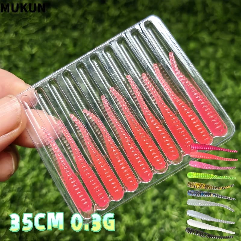 MUKUN Nuovo Richiamo Morbido 10 pz Esca In Silicone 35mm 0.3g Coda Dritta Spille Swimbait Wobblers Verme bass Carpa Rockfishing Attrezzatura Da Pesca
