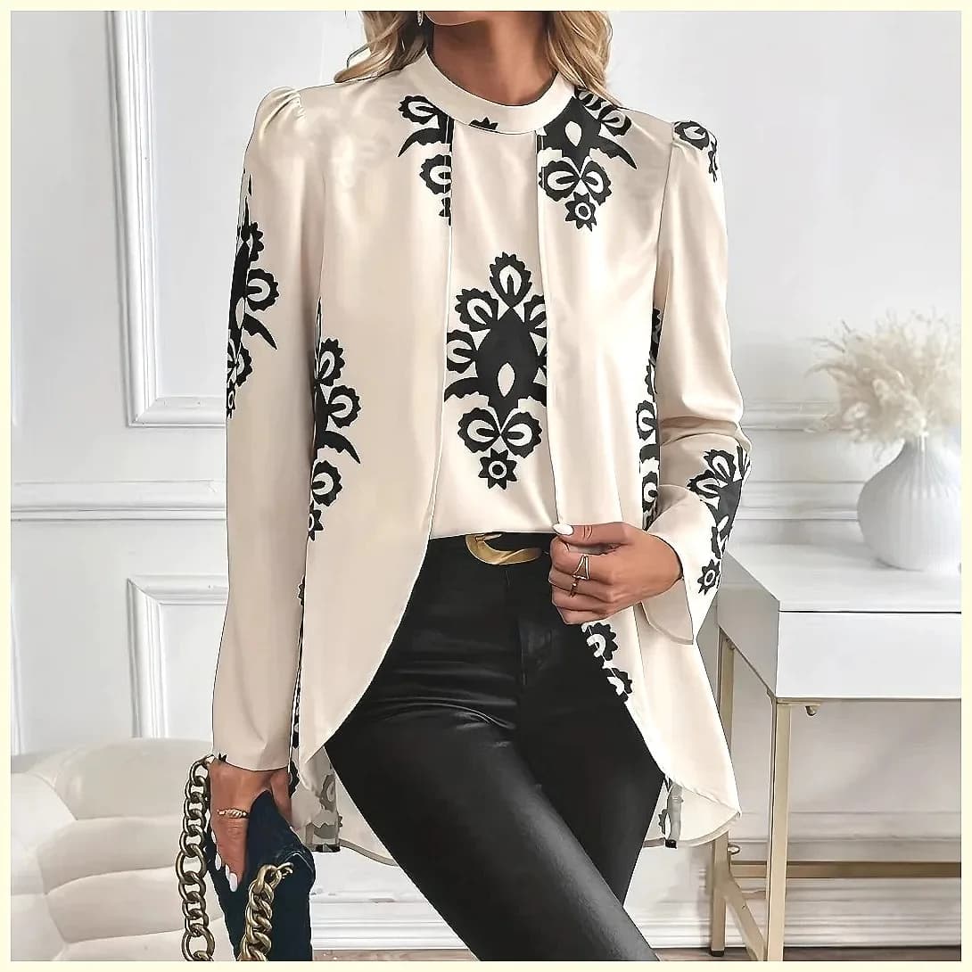 Fashionable 2026 women's shirt with long sleeves print, stylish office top with two-piece design