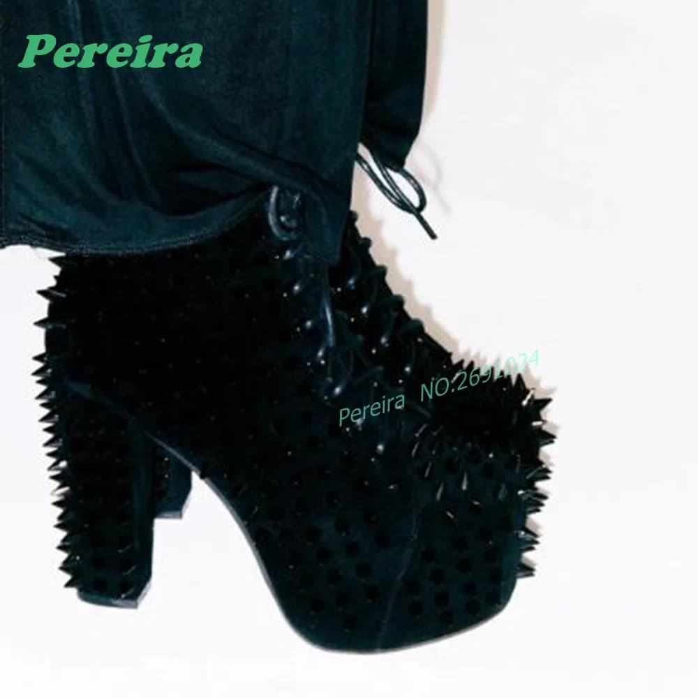 Black Full Spiked Platform Ankle Boots Front Lace-Up Round Toe Chunky Block Heel Punk Gothic Rivet Studded Ankle Booties Glossy