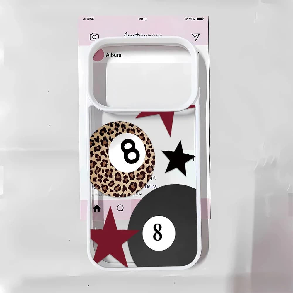 Retro Hip‑Hop 8‑Ball Pool Leopard Star Pattern White‑rimmed Transparent Phone Shell, Slim Flexible Protective Cover Fits iPhone 13 14 15 16 17 Series, Edgy Y2K Daily Phone Accessory