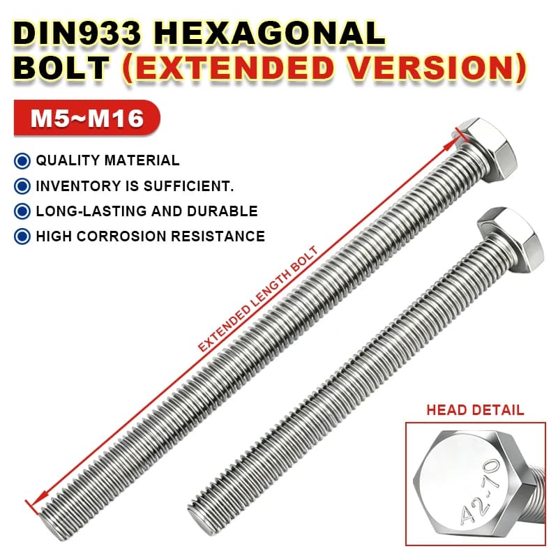 DIN933 Long Extended Hexagon Head Bolts 304 Stainless Steel Full Thread Hex Bolts M5 M6 M8 M10 M12 M14 M16 Machine Screws