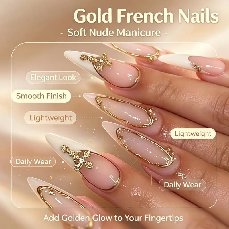 24pcs Elegant gold metal frame crystal almond-shaped manicure, nude gradient French-style false nails. Elegant and simple