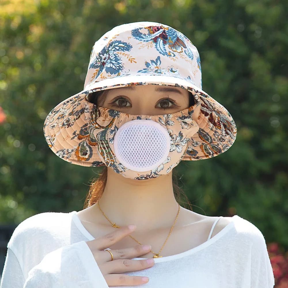 Cappello da sole estivo alla moda con stampa floreale, a tesa larga, con foro per la respirazione e maschera, visiera parasole anti-UV e protezione per il collo