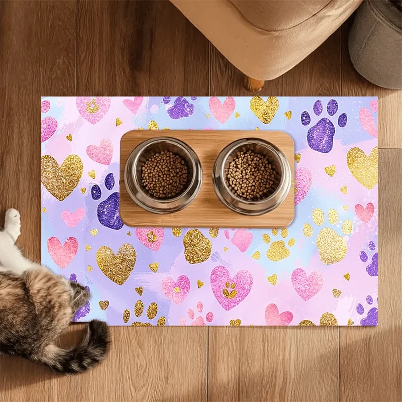 Leather Pet Feeding Mat 1pc, 2D Flat Heart and Cat Paw Print Pattern Pet Feeding Mat, Can Hold Food and Water Bowls