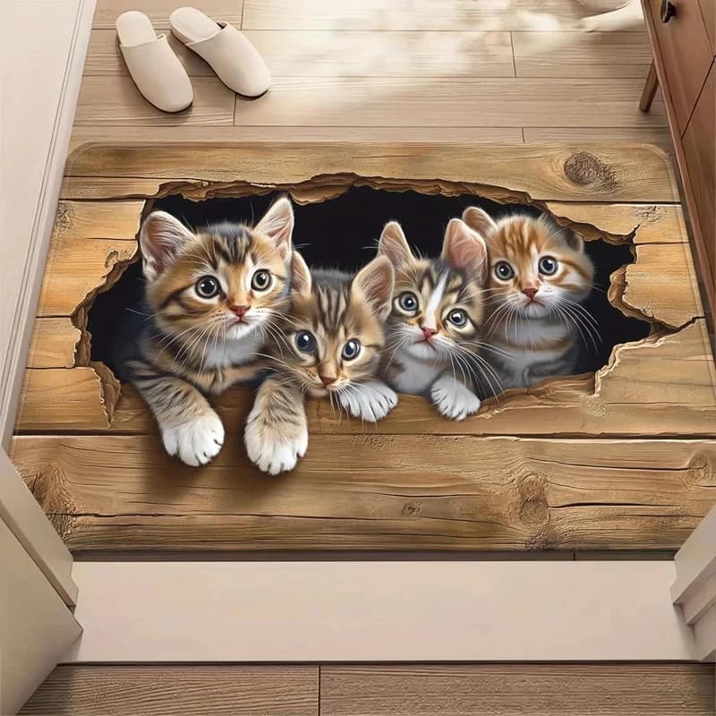 VIKAMA Tappeto Zerbino 3D con Gattini Carini che Sbirciano da Dietro la Porta in Legno, Antiscivolo, Cattura Sporco, Lavabile, per Amanti dei Gatti