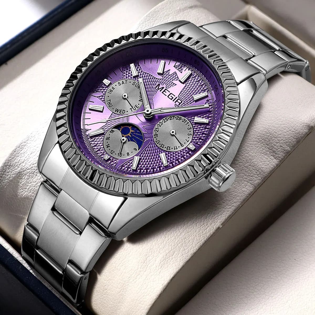 MEGIR Orologio al quarzo da uomo con cinturino in acciaio inossidabile Orologio da polso stile business alla moda con data giornaliera Funzione fasi lunari 24 ore su 24