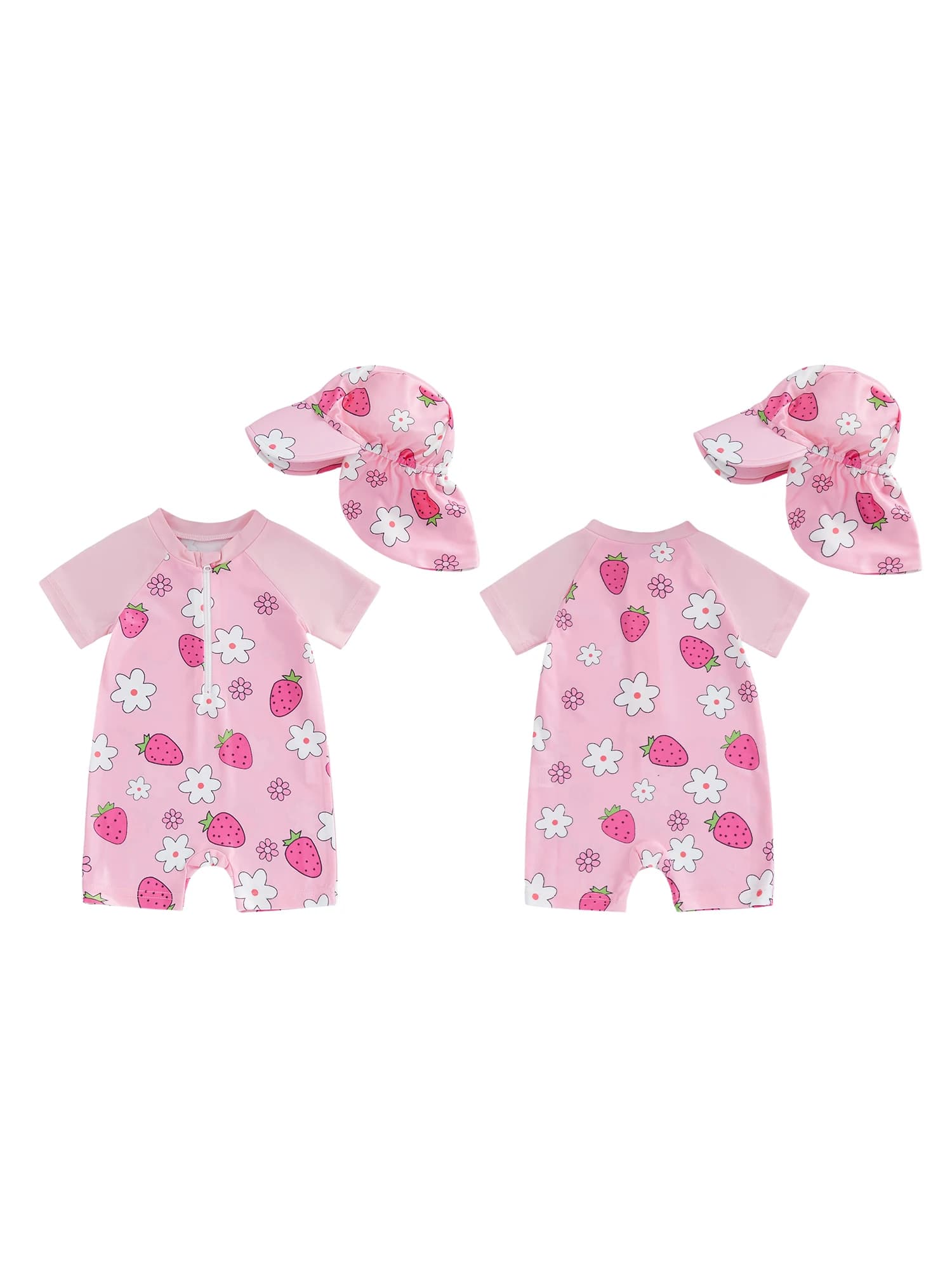Simpatico costume da bagno per bambina con stampa di fiori di fragole, maniche corte, cerniera frontale e protezione dagli urti