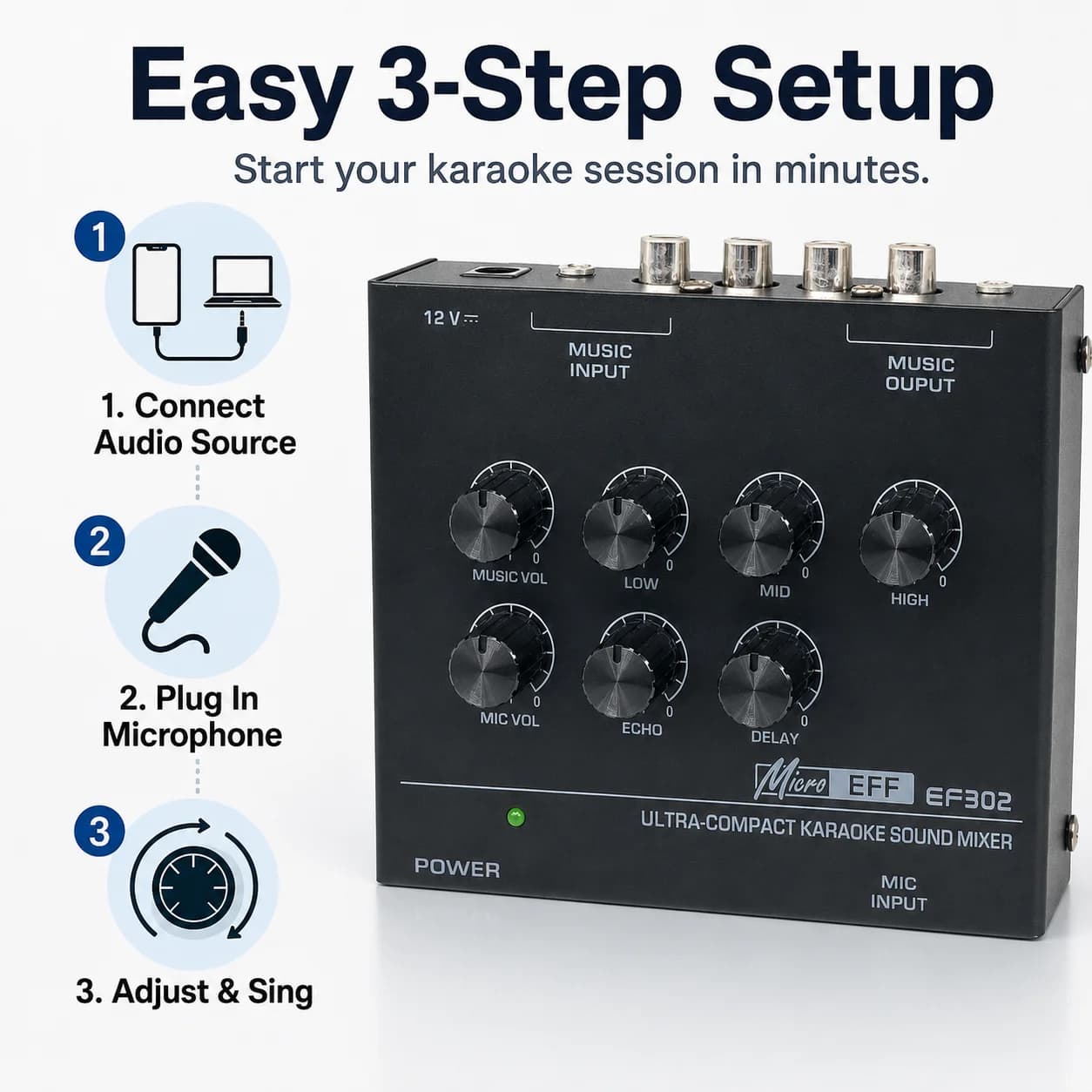 EF302 Ultra Compact Karaoke Sound Mixer 7 Adjustable Controls Echo Delay Bass Mid Treble Audio Mixer Mini Microphone Sound Equal