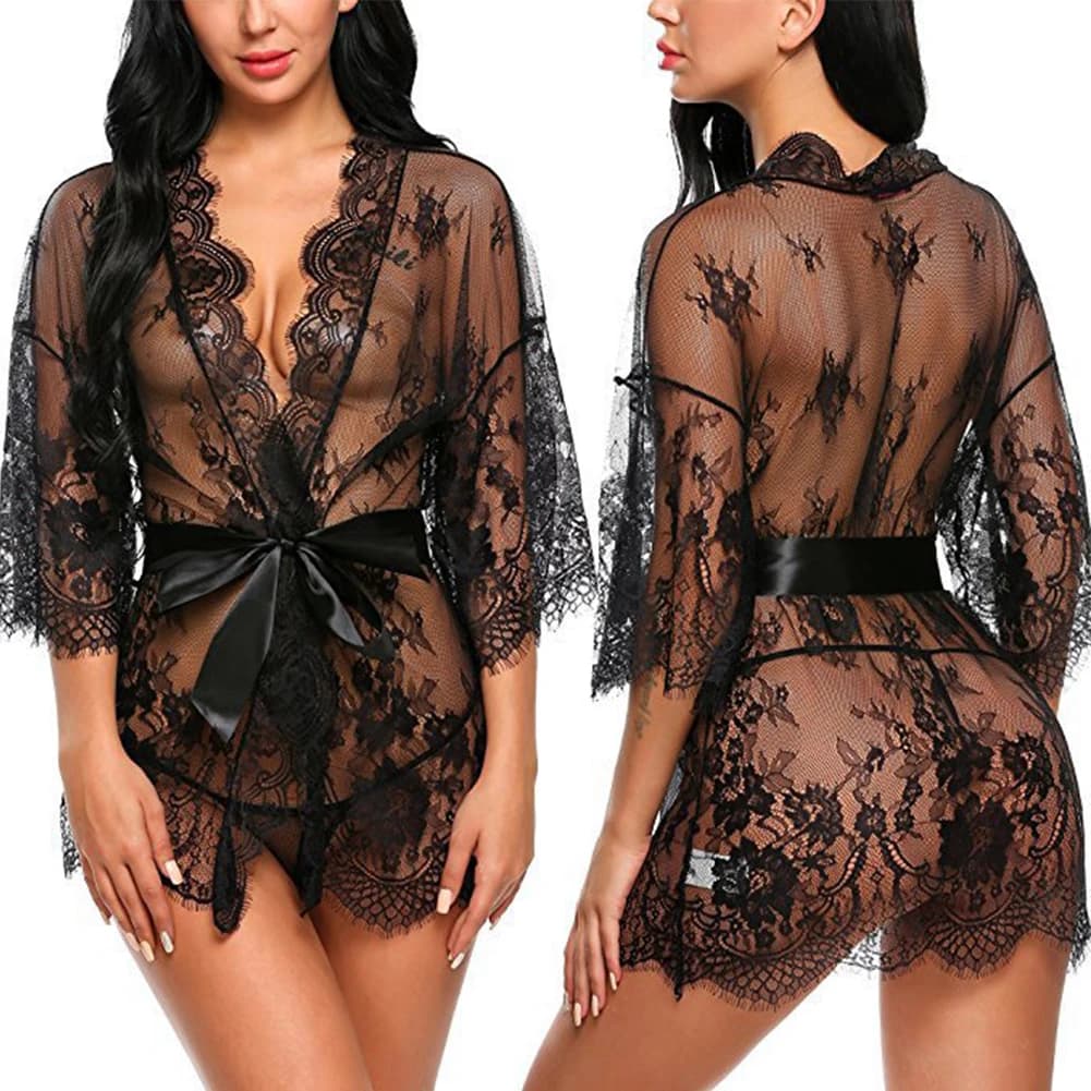 Sexy lingerie for woman erotic transparent with V neck night clothes babydoll dress thong dress kimono night dress in lace