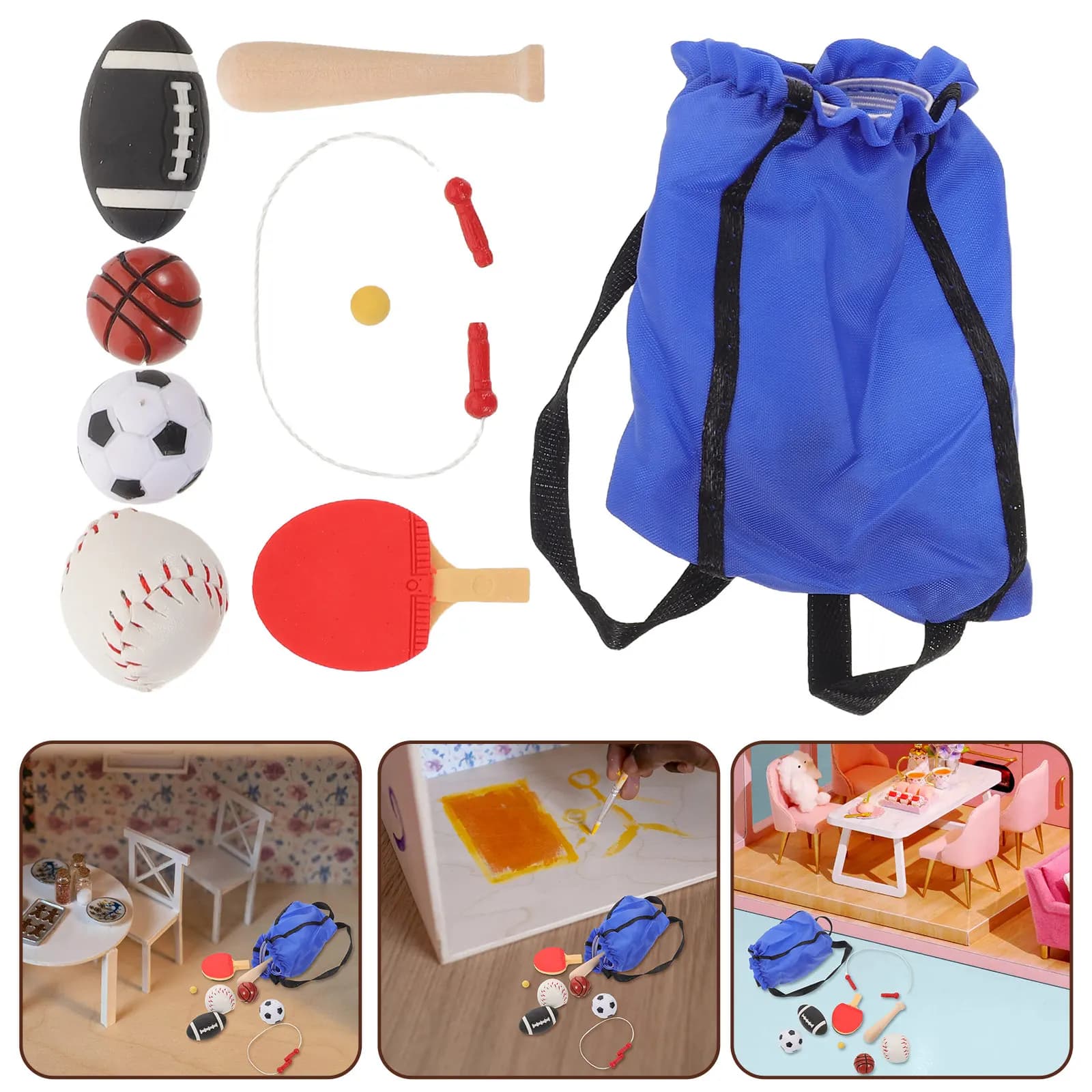 Set di 1 Miniatura Sportiva per Casa delle Bambole: Pallacanestro, Calcio, Corda per Saltare Realistici e in Scala Reale - Decorazione e Oggetto di Scena per Fotografia