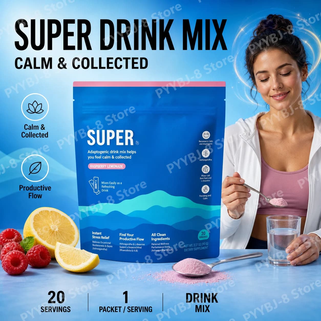 Magnesium Powder Beverage Drink Cortisol Reducer Sleep Aid Supplement L Theanine Magnesium Glycinate, Vitamin D 3 No Sugar 20 Ct