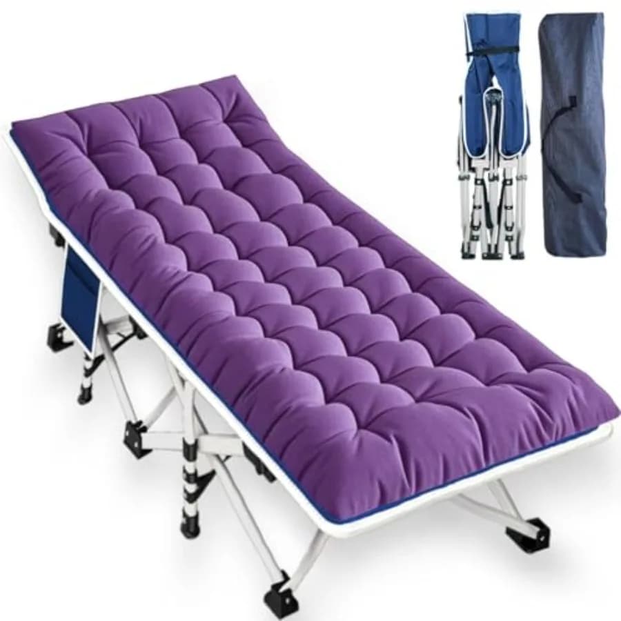 Camping cot with comfortable mattress, sturdy, with carrying bag.